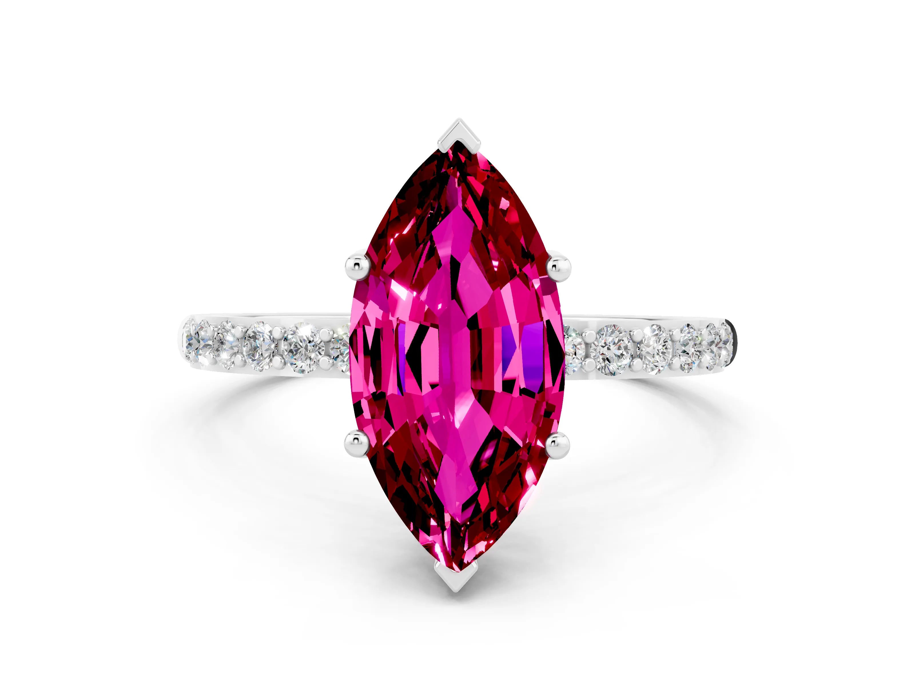 White gold Marquise Cut Garnet Solitaire Ring with Pave Band and Four Prong Setting_12