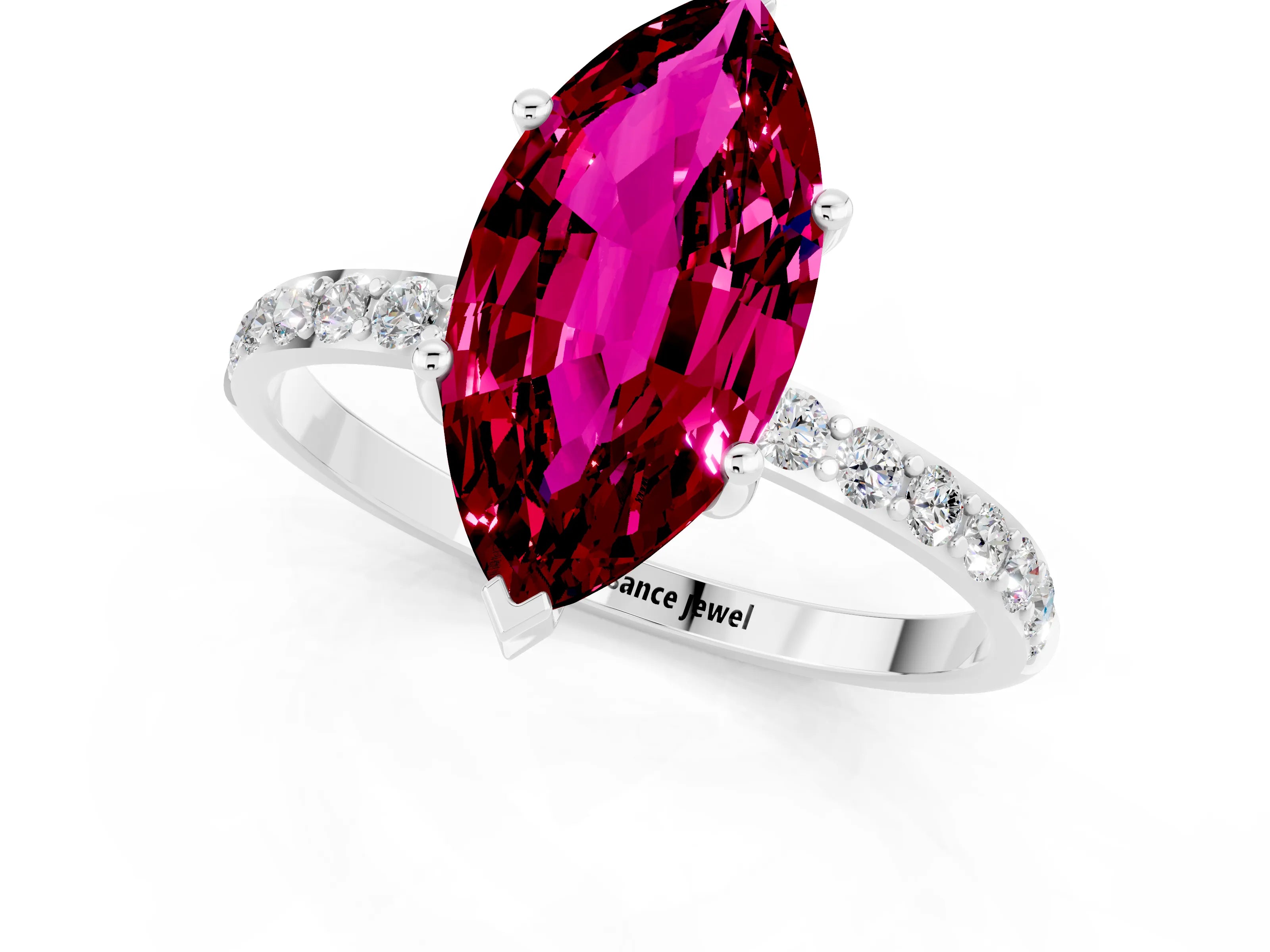 White gold Marquise Cut Garnet Solitaire Ring with Pave Band and Four Prong Setting_13