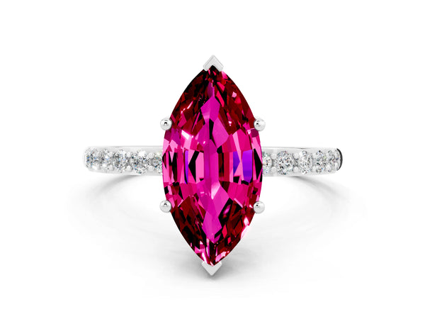 Silver Marquise Cut Garnet Solitaire Ring with Round  Pavé Band and Prong Setting