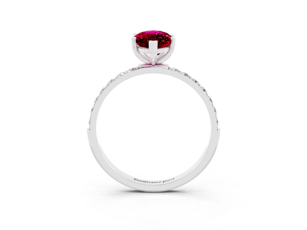 Silver Marquise Cut Garnet Solitaire Ring with Round  Pavé Band and Prong Setting
