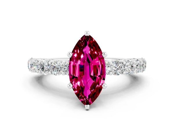 Platinum Marquise Cut Garnet Solitaire Ring with Shared Prong Pavé Band and Four-Prong Setting