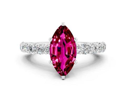 White gold Marquise Cut Garnet Solitaire Ring with Shared Prong Pavé Band and Four-Prong Setting