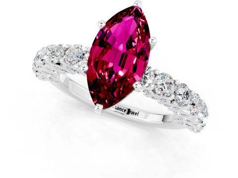 White gold Marquise Cut Garnet Solitaire Ring with Shared Prong Pavé Band and Four-Prong Setting_1