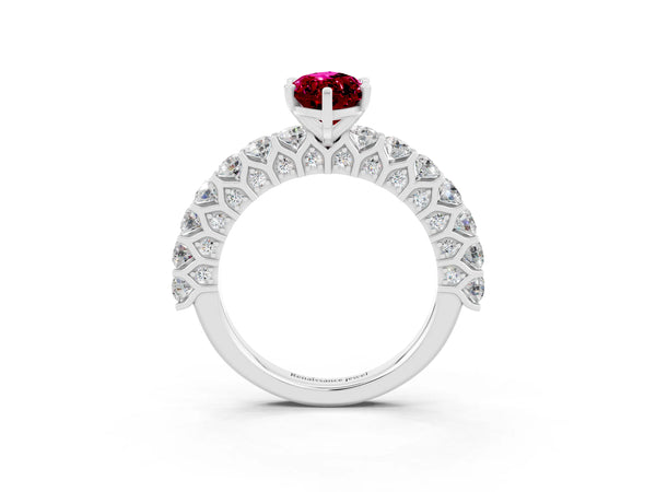 Platinum Marquise Cut Garnet Solitaire Ring with Shared Prong Pavé Band and Four-Prong Setting
