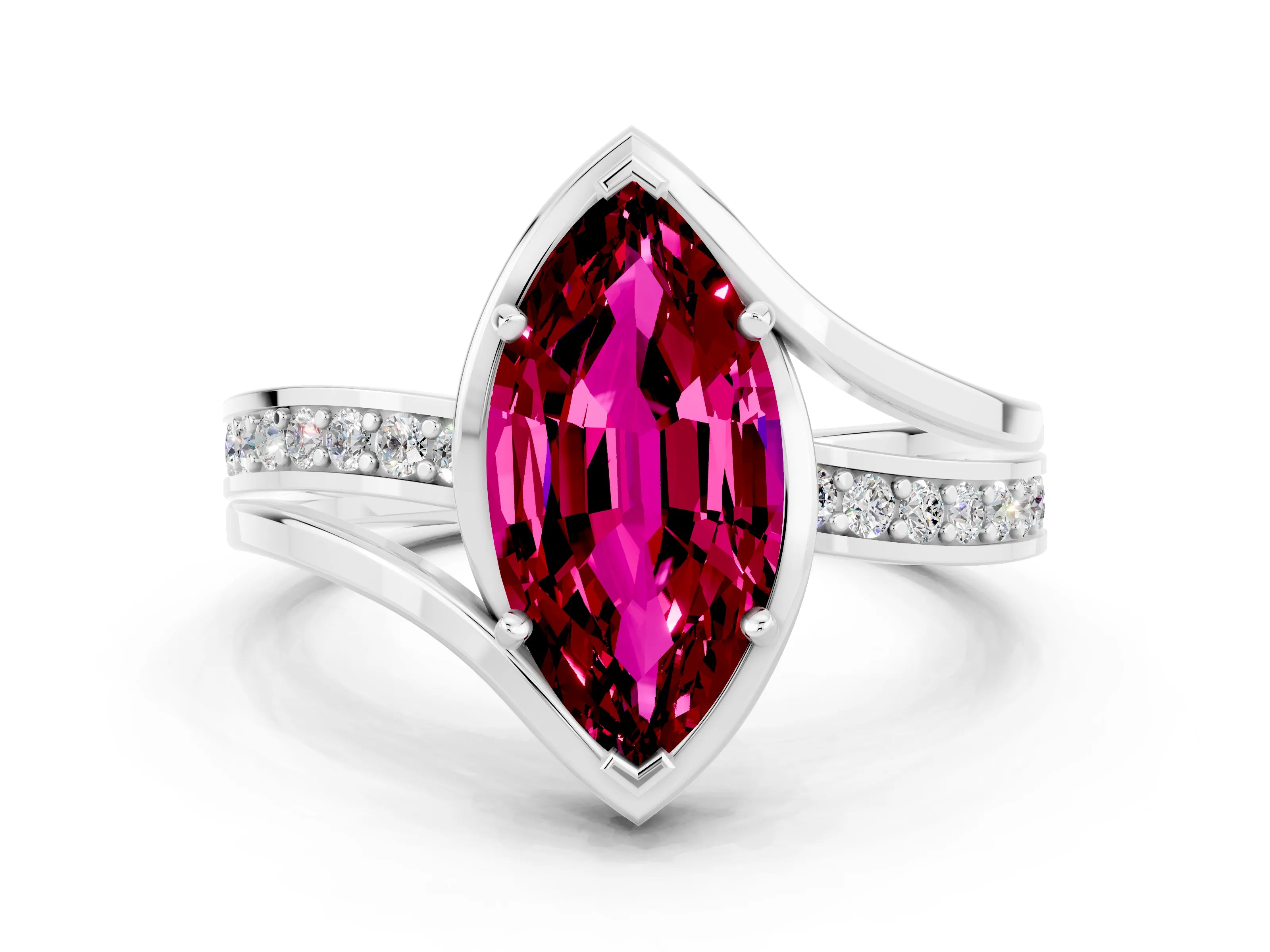 White gold Marquise Cut Garnet Solitaire Ring with Split Shank and Prong Setting