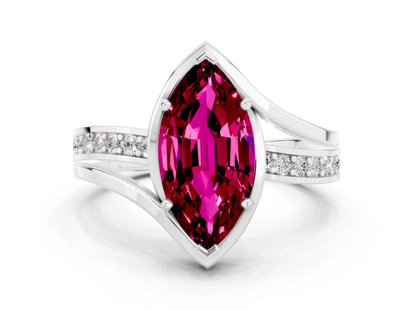 Platinum Marquise Cut Garnet Solitaire Ring with Split Shank and Prong Setting