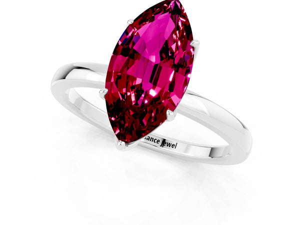 Platinum Marquise Cut Garnet Solitaire Ring with Thin Band and Prong Setting
