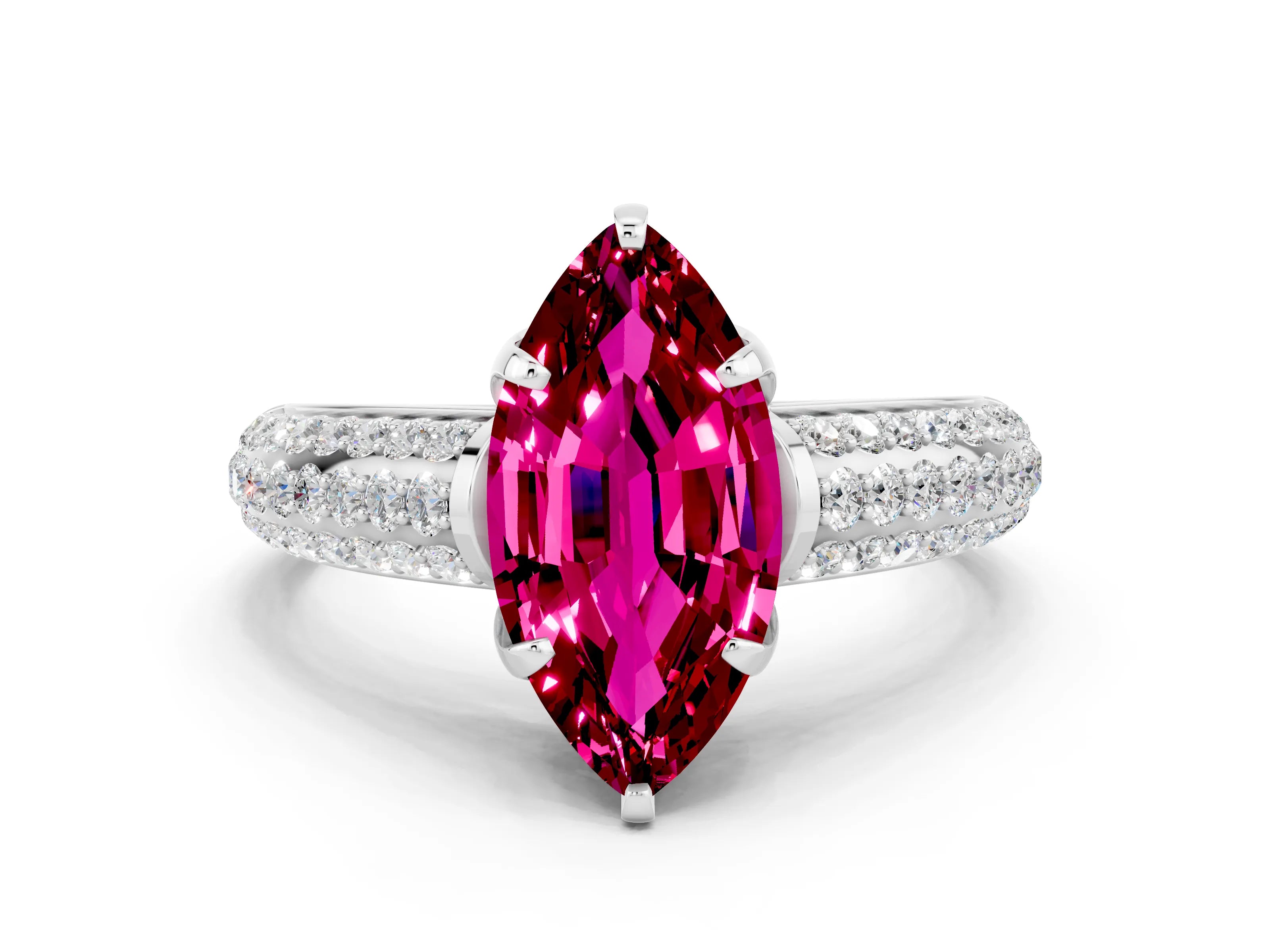 White gold Marquise Cut Garnet Solitaire Ring with Three-Row Pavé Band and Four-Prong Setting_12
