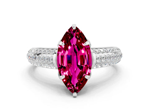 White gold Marquise Cut Garnet Solitaire Ring with Three-Row Pavé Band and Four-Prong Setting_12