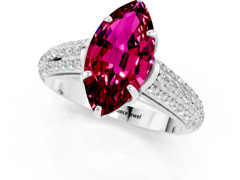 White gold Marquise Cut Garnet Solitaire Ring with Three-Row Pavé Band and Four-Prong Setting_13