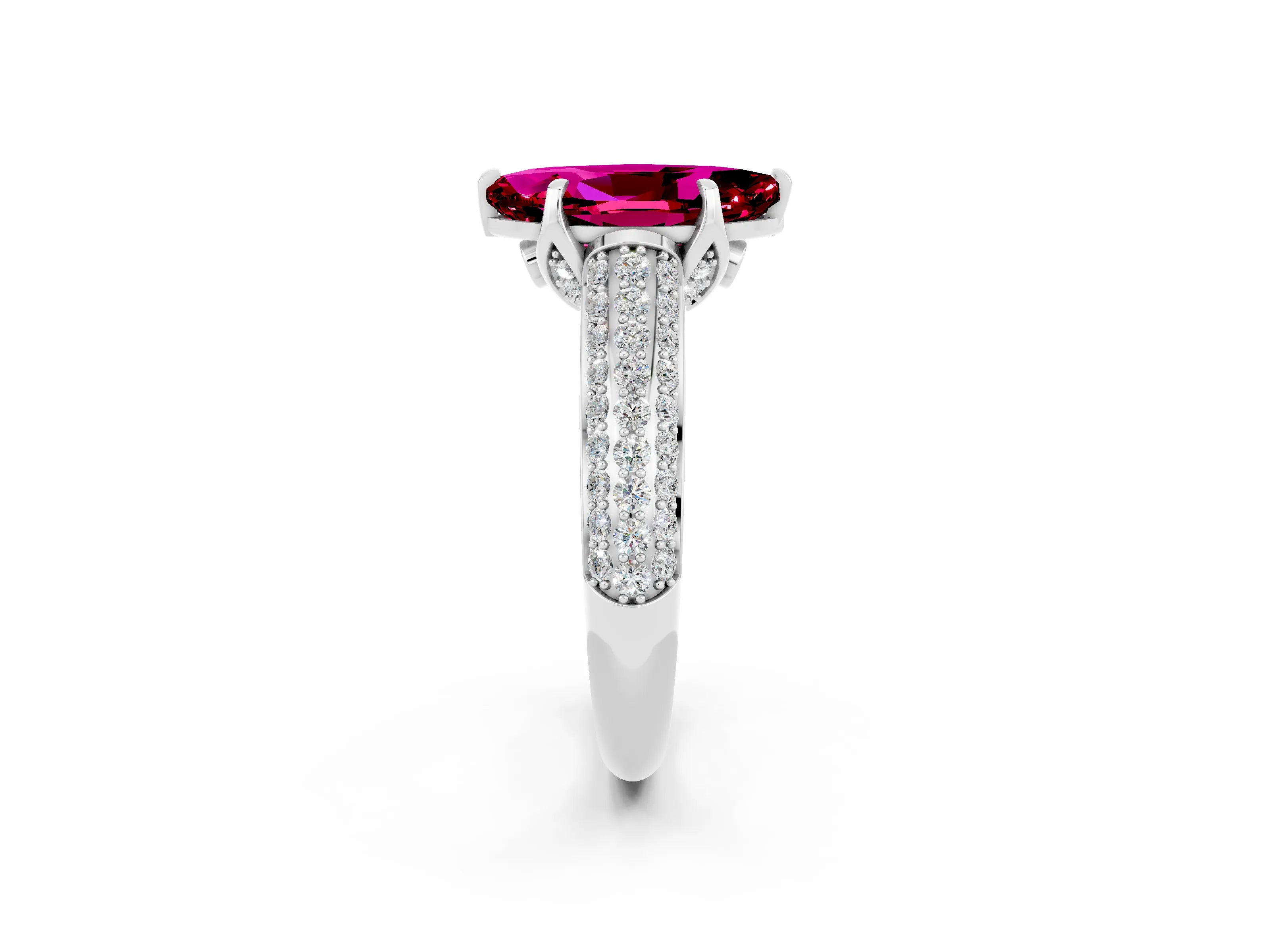 White gold Marquise Cut Garnet Solitaire Ring with Three-Row Pavé Band and Four-Prong Setting_14