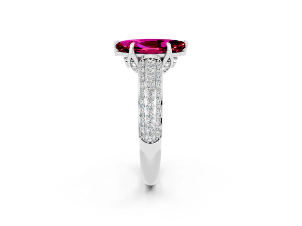 Platinum Marquise Cut Garnet Solitaire Ring with Three-Row Pavé Band and Four-Prong Setting