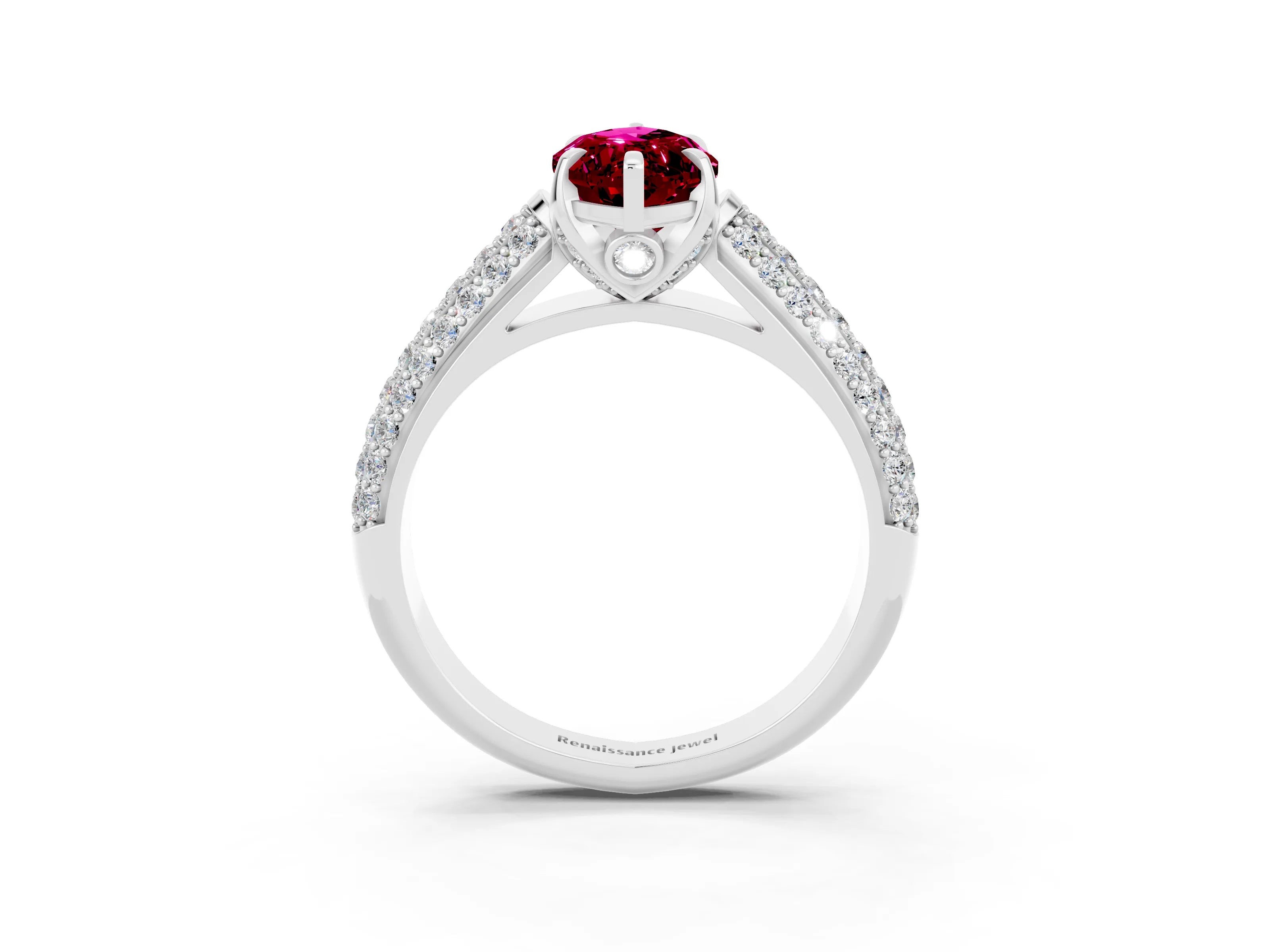 White gold Marquise Cut Garnet Solitaire Ring with Three-Row Pavé Band and Four-Prong Setting_15