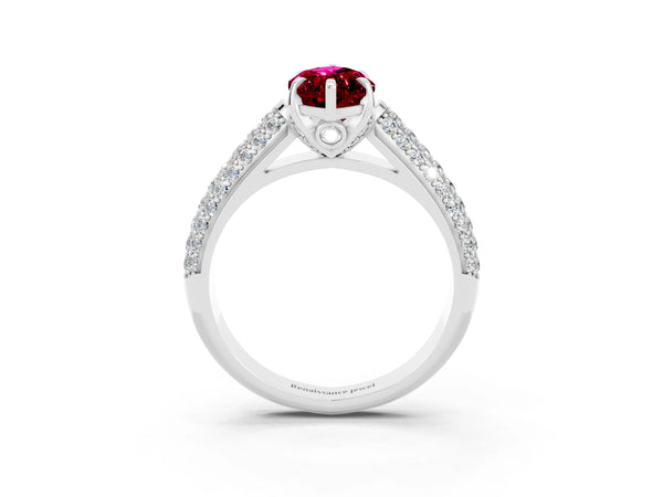 Silver Marquise Cut Garnet Solitaire Ring with Three-Row Pavé Band and Four-Prong Setting