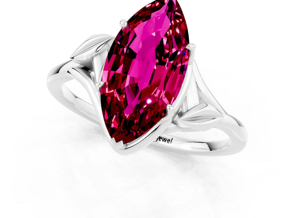White gold Marquise Cut Garnet Solitaire Ring with Twist Band and Four-Prong Setting