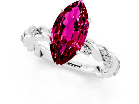 White gold Marquise Cut Garnet Solitaire Ring with Twisted Band and Pavé Accents_1