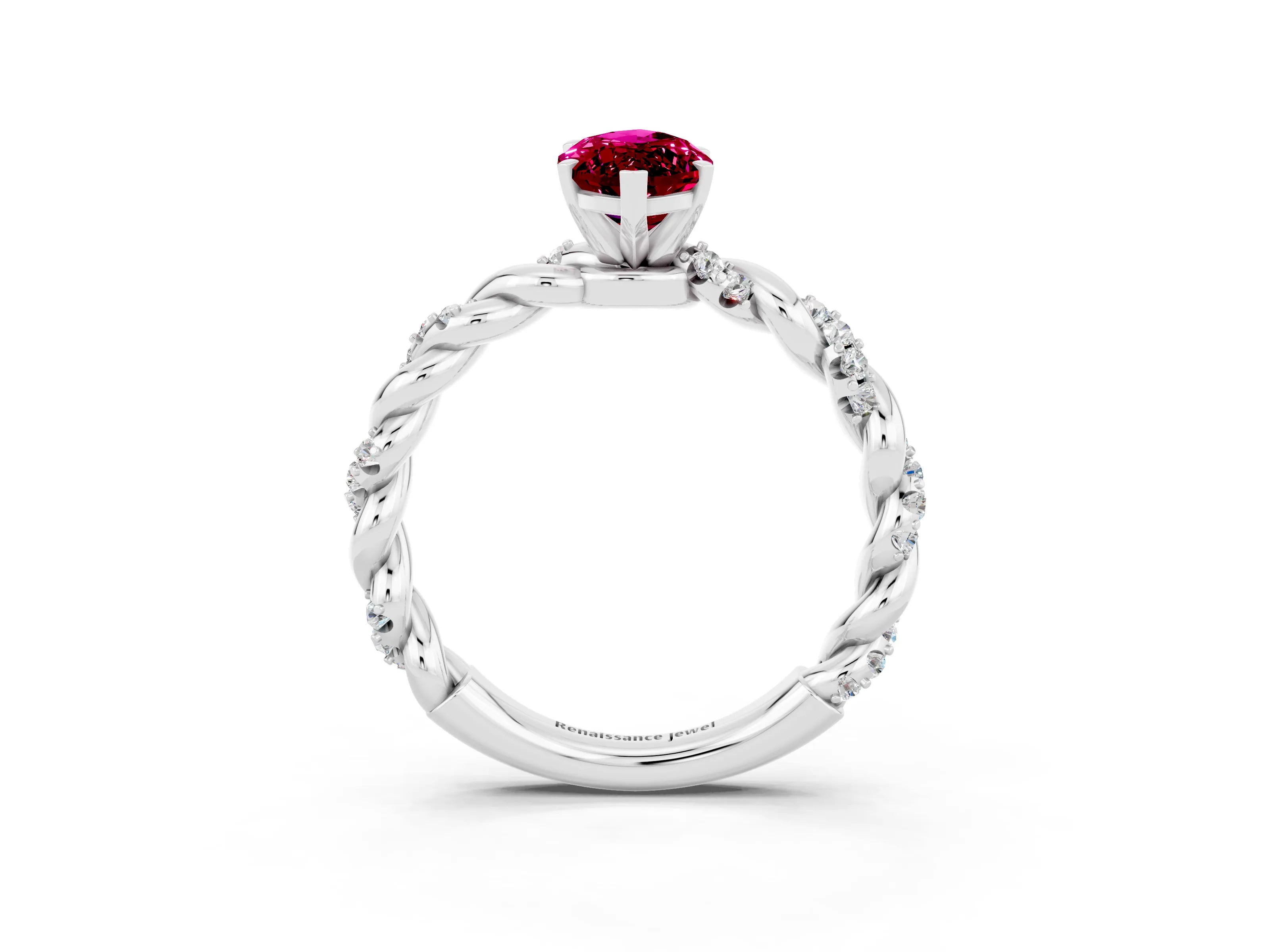 White gold Marquise Cut Garnet Solitaire Ring with Twisted Band and Pavé Accents_3