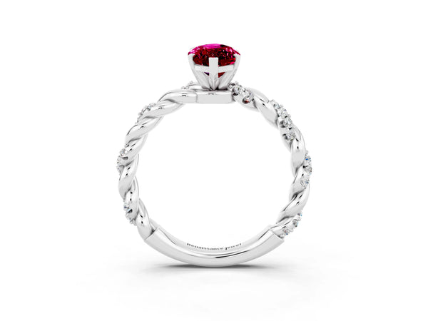 White gold Marquise Cut Garnet Solitaire Ring with Twisted Band and Pavé Accents