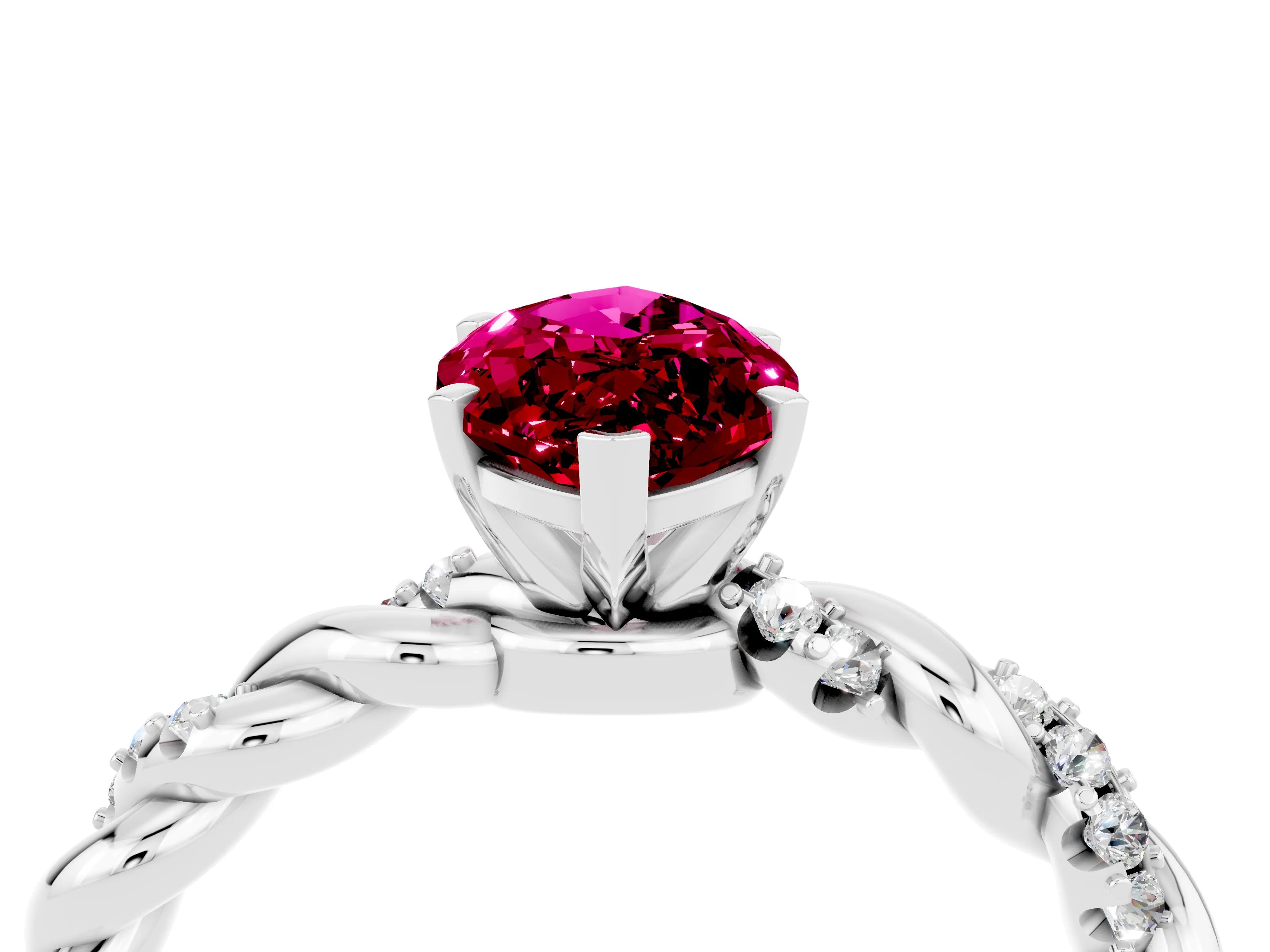 White gold Marquise Cut Garnet Solitaire Ring with Twisted Band and Pavé Accents_4
