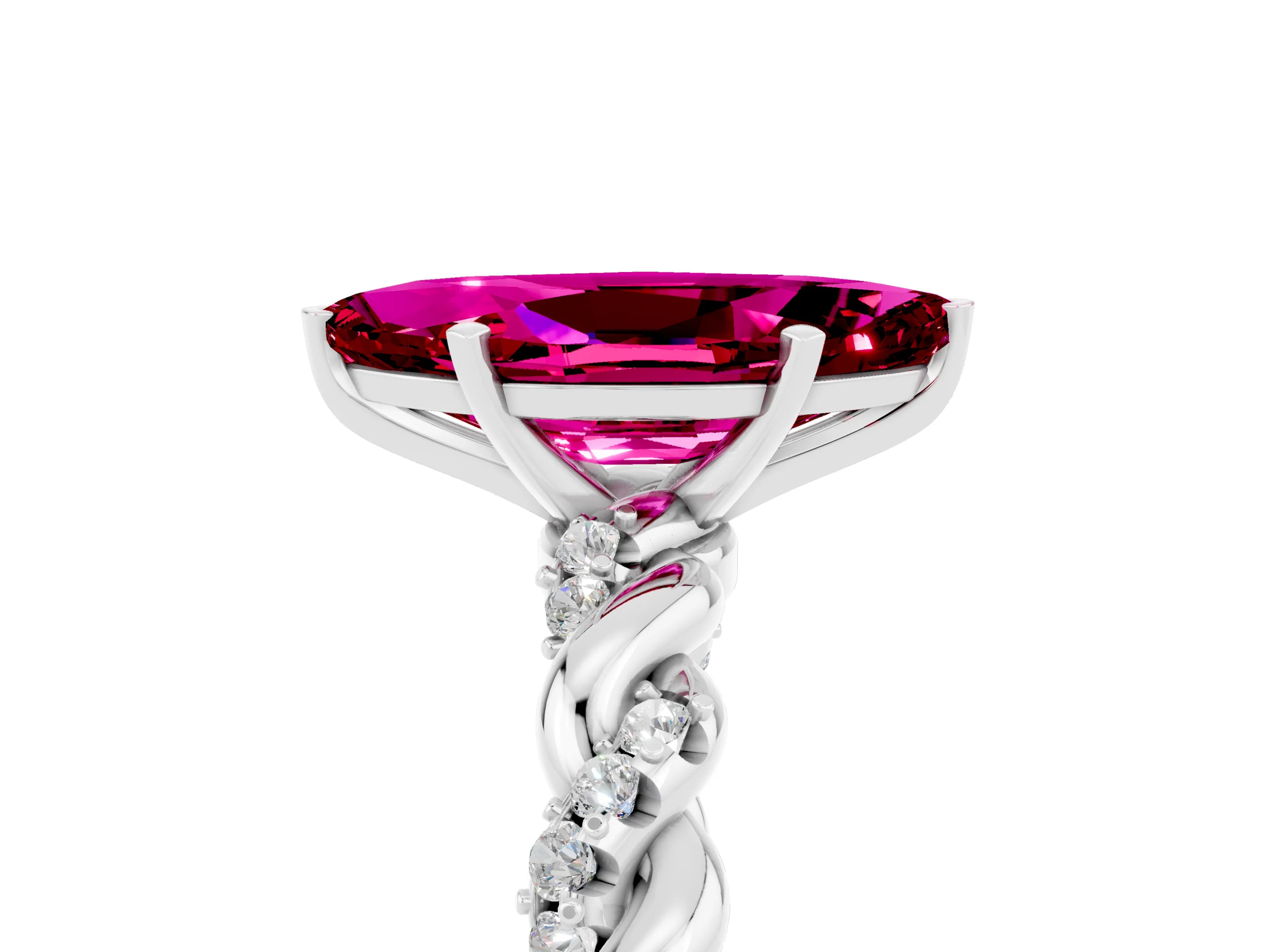 White gold Marquise Cut Garnet Solitaire Ring with Twisted Band and Pavé Accents_5