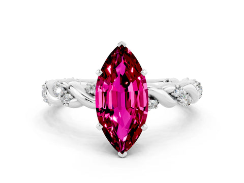 White gold Marquise Cut Garnet Solitaire Ring with Twisted Band and Pavé Accents