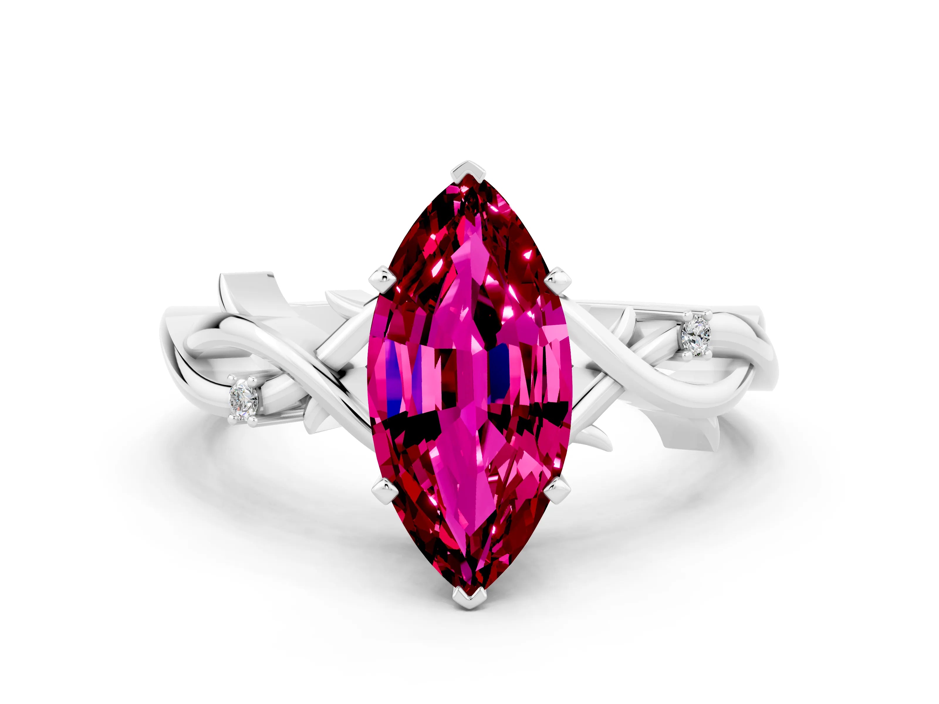 White gold Marquise Cut Garnet Solitaire Ring with Twisted Band and Prong Setting_12