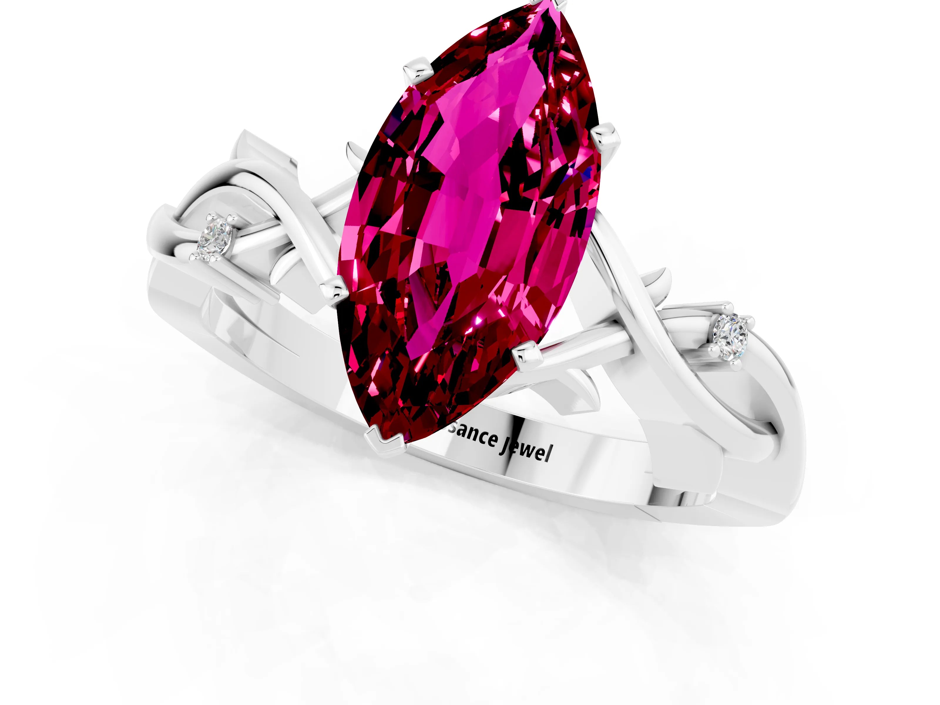 White gold Marquise Cut Garnet Solitaire Ring with Twisted Band and Prong Setting_1