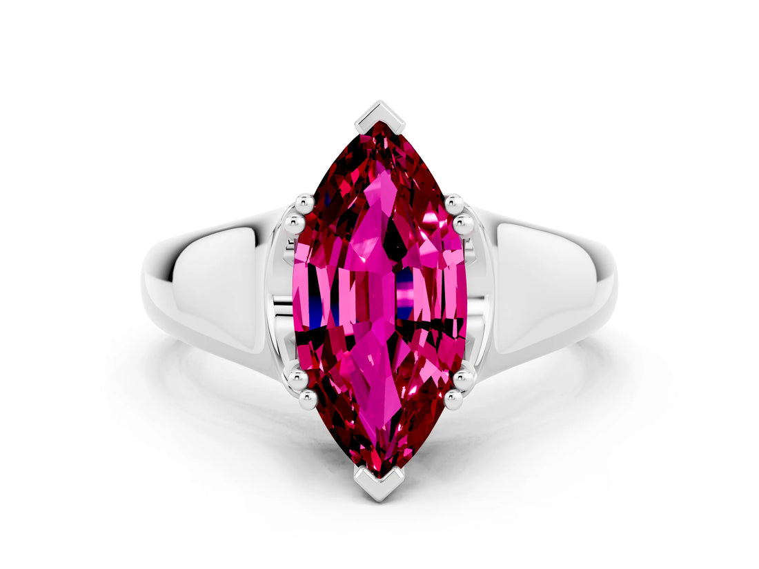 White gold Marquise Cut Garnet Solitaire Ring with Wide Band and Prong Setting