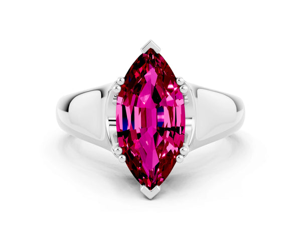 White gold Marquise Cut Garnet Solitaire Ring with Wide Band and Prong Setting