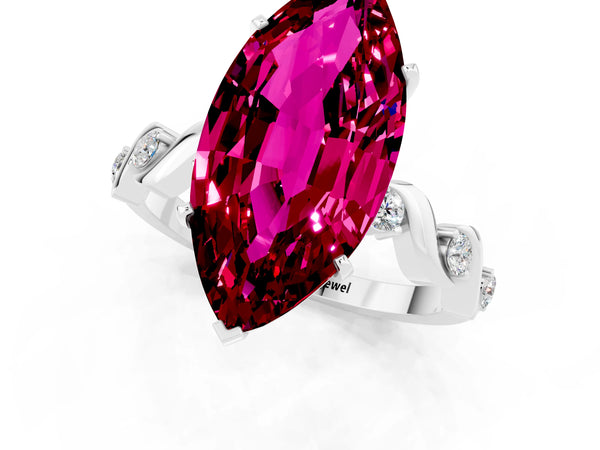 Platinum Marquise Cut Garnet Solitaire Twisted Band with Round  Accents and Prong Setting
