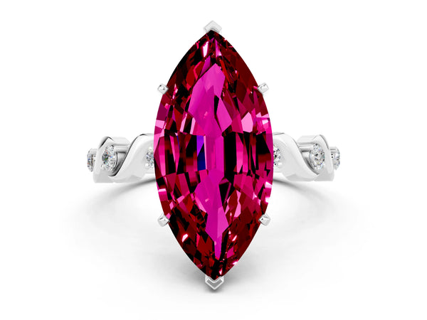 Silver Marquise Cut Garnet Solitaire Twisted Band with Round  Accents and Prong Setting