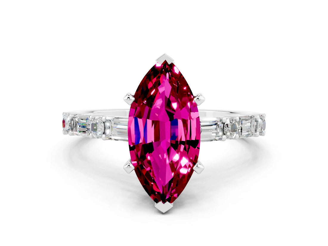 White gold Marquise Cut Garnet Solitaire with Side Baguettes and Channel Set Band