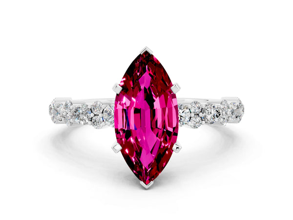 Silver Marquise Cut Garnet Side Stone Solitaire Ring with Round  and Four-Prong Setting