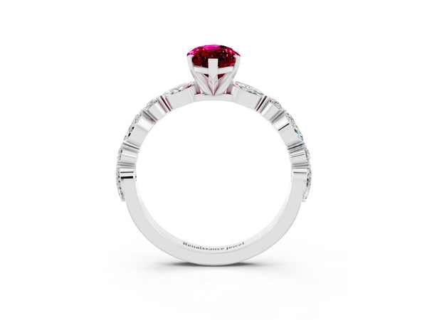 Platinum Marquise Cut Garnet Ring with Marquise and Round  Side Stones and Four-Prong Setting
