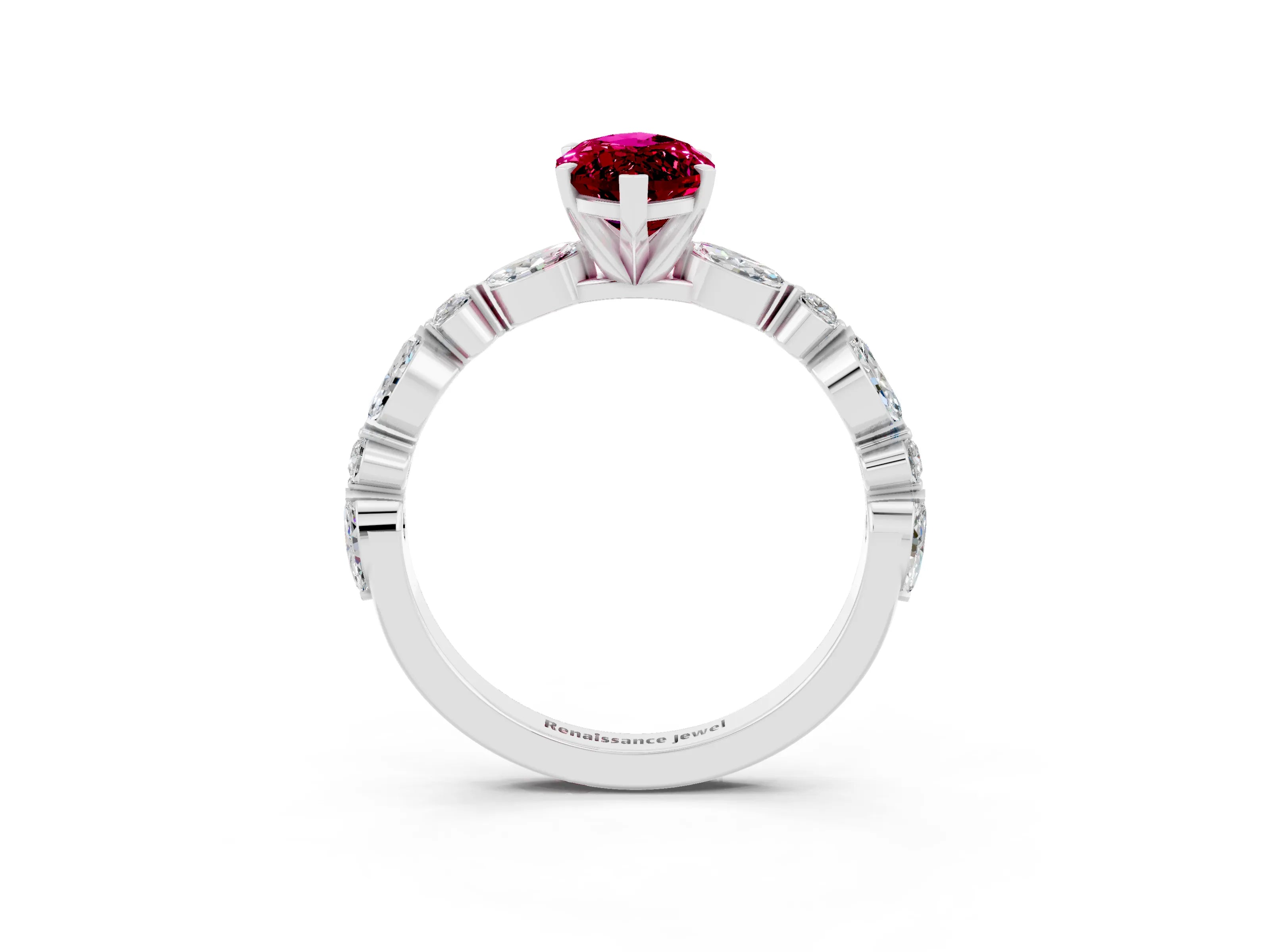 White gold Marquise Cut Garnet Solitaire with Side Stones on a Pavé Band and Four-Prong Setting_3