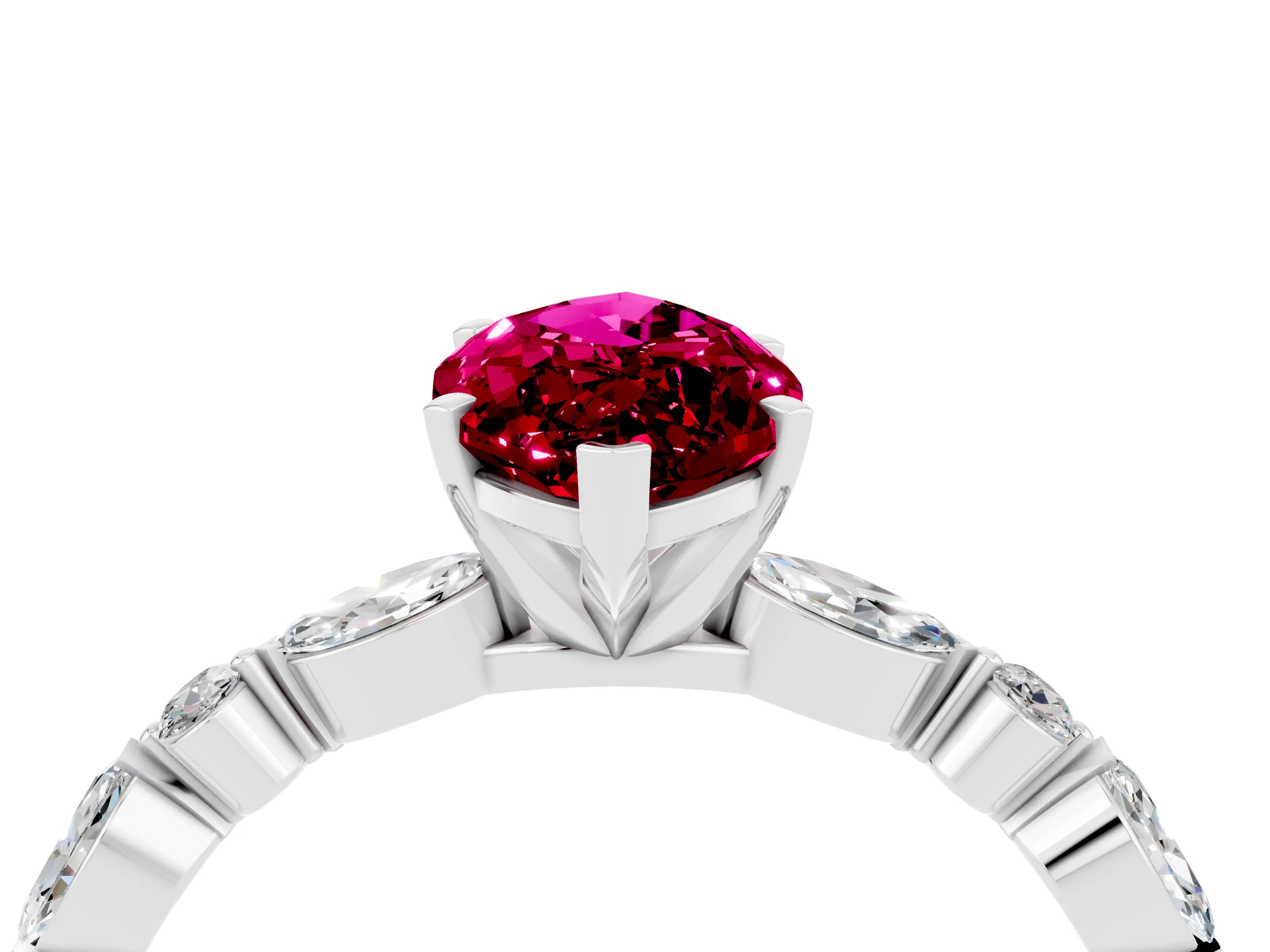 White gold Marquise Cut Garnet Solitaire with Side Stones on a Pavé Band and Four-Prong Setting_4