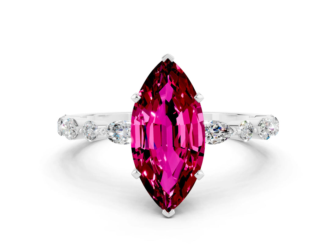 White gold Marquise Cut Garnet Solitaire with Side Stones on a Pavé Band and Four-Prong Setting