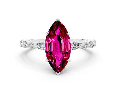 White gold Marquise Cut Garnet Solitaire with Side Stones on a Pavé Band and Four-Prong Setting