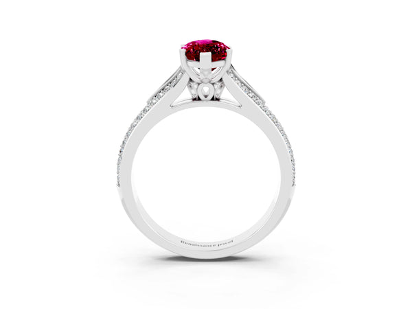 White gold Marquise Cut Garnet Split Shank Engagement Ring with Pavé Band