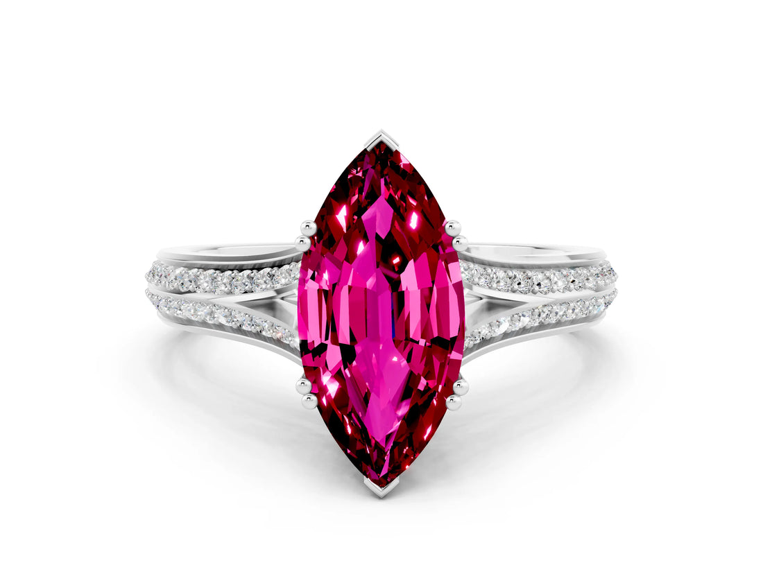 White gold Marquise Cut Garnet Split Shank Engagement Ring with Pavé Band