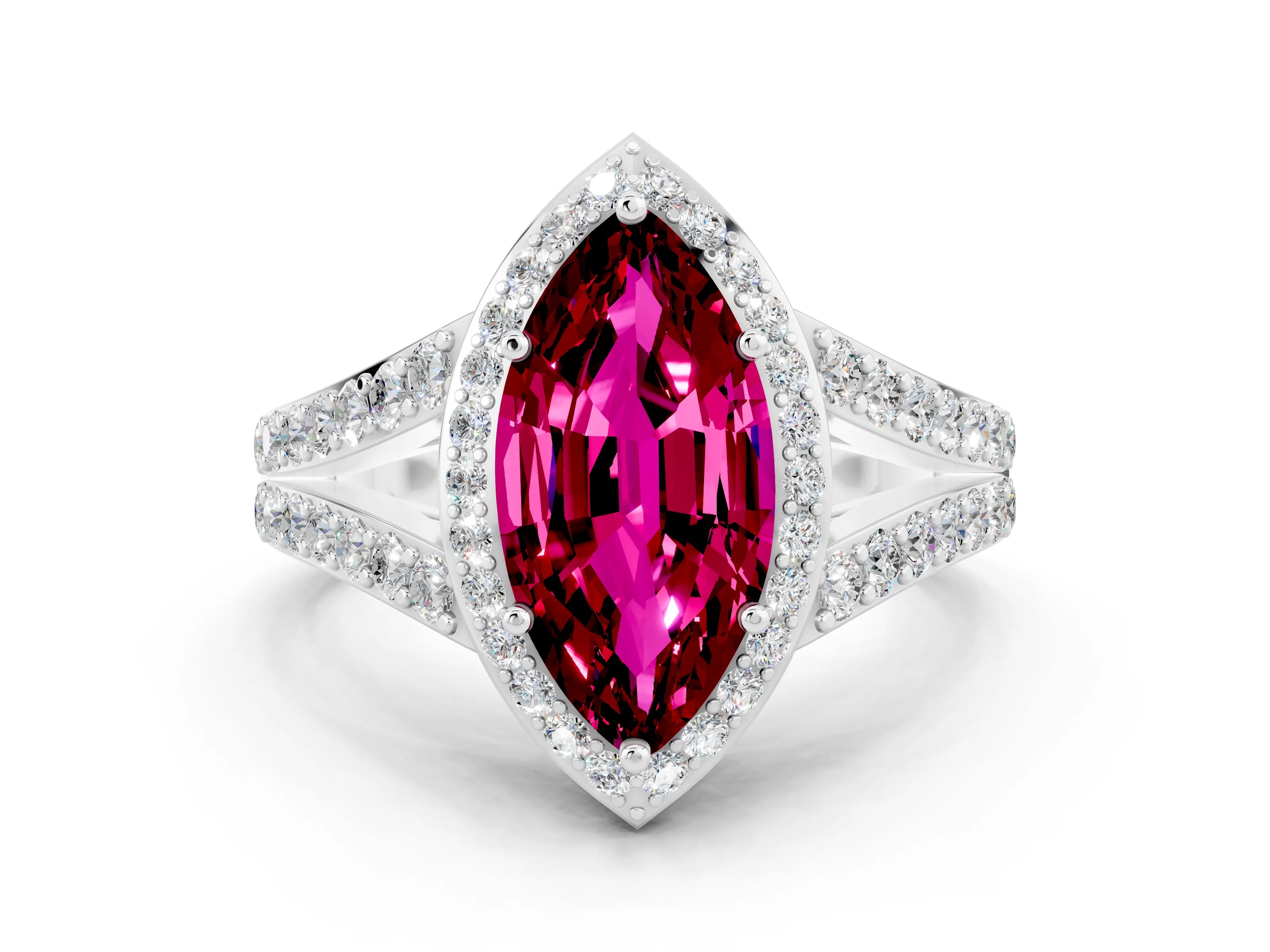 White gold Marquise Cut Garnet Split Shank Halo Ring with Four-Prong Setting_12