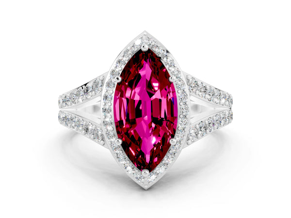 Platinum Marquise Cut Garnet Split Shank Halo Ring with Four-Prong Setting
