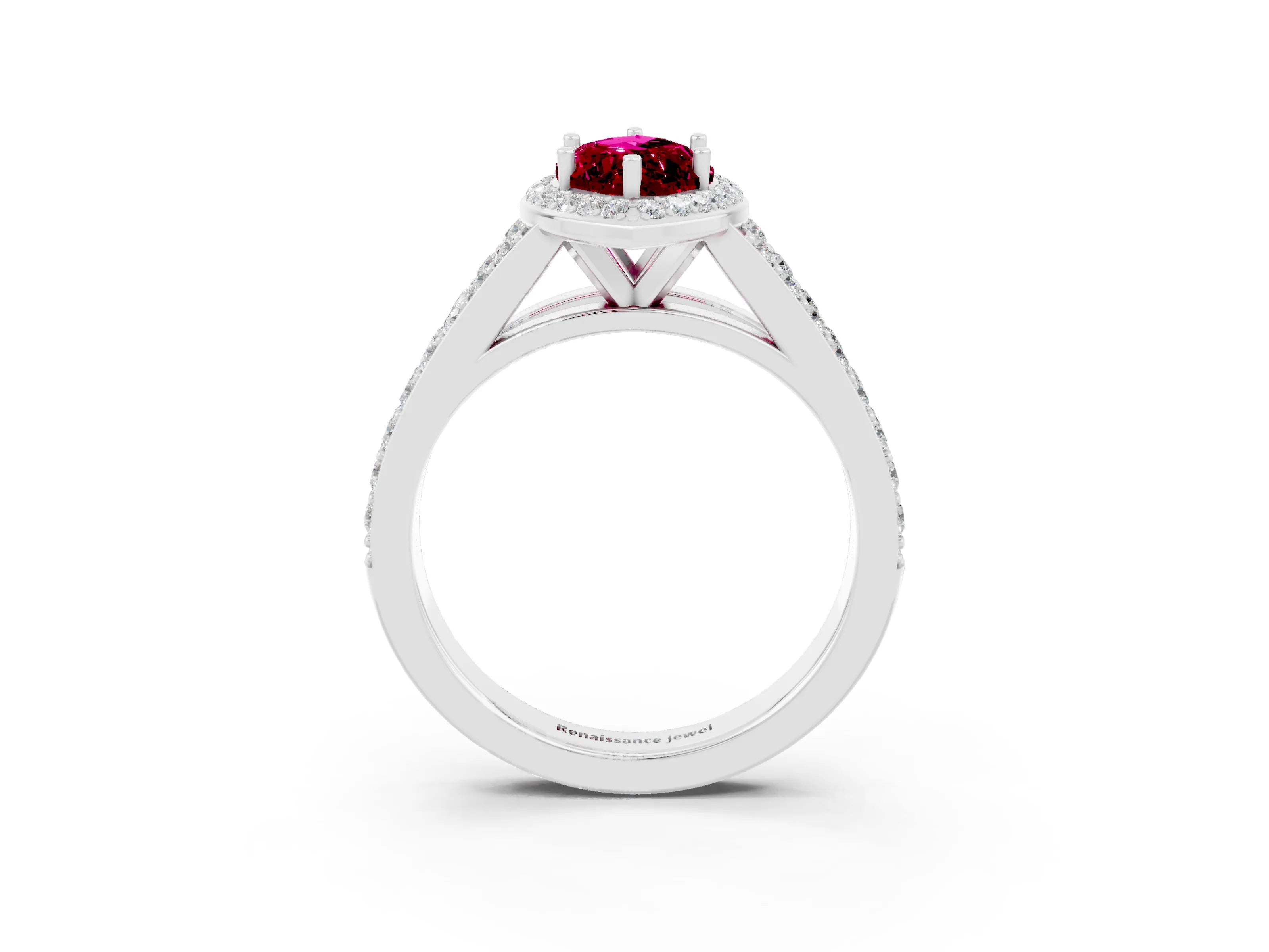White gold Marquise Cut Garnet Split Shank Halo Ring with Four-Prong Setting_15