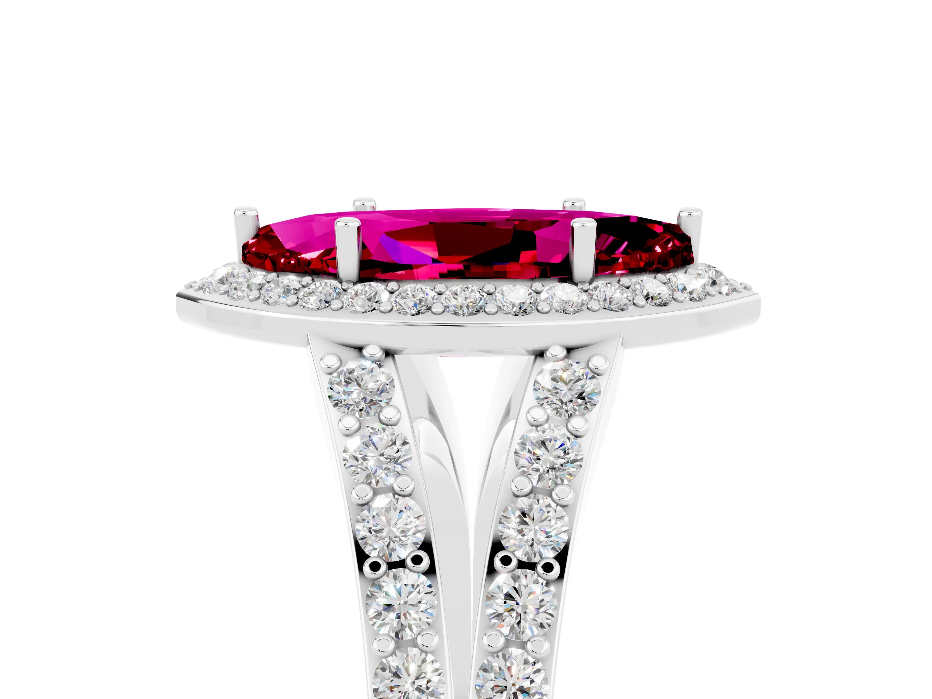 White gold Marquise Cut Garnet Split Shank Halo Ring with Four-Prong Setting_17