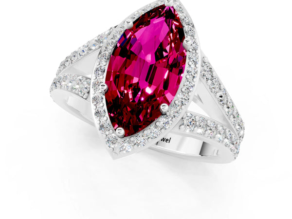 White gold Marquise Cut Garnet Split Shank Halo Ring with Four-Prong Setting