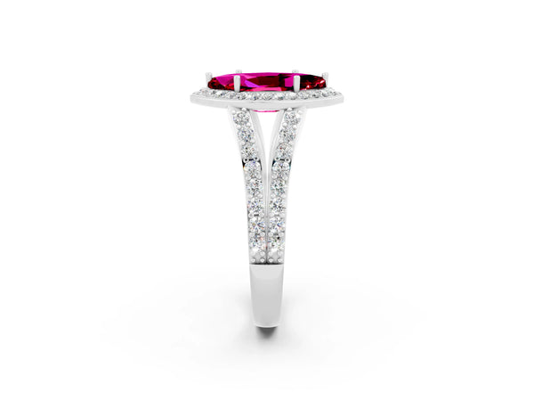 White gold Marquise Cut Garnet Split Shank Halo Ring with Four-Prong Setting