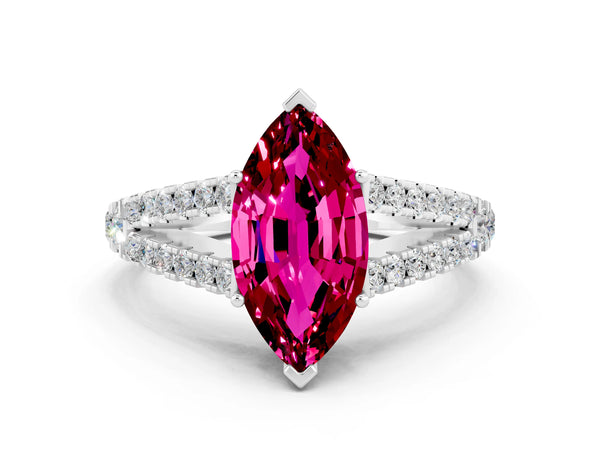 White gold Marquise Cut Garnet Split Shank Pavé Engagement Ring with Four-Prong Setting