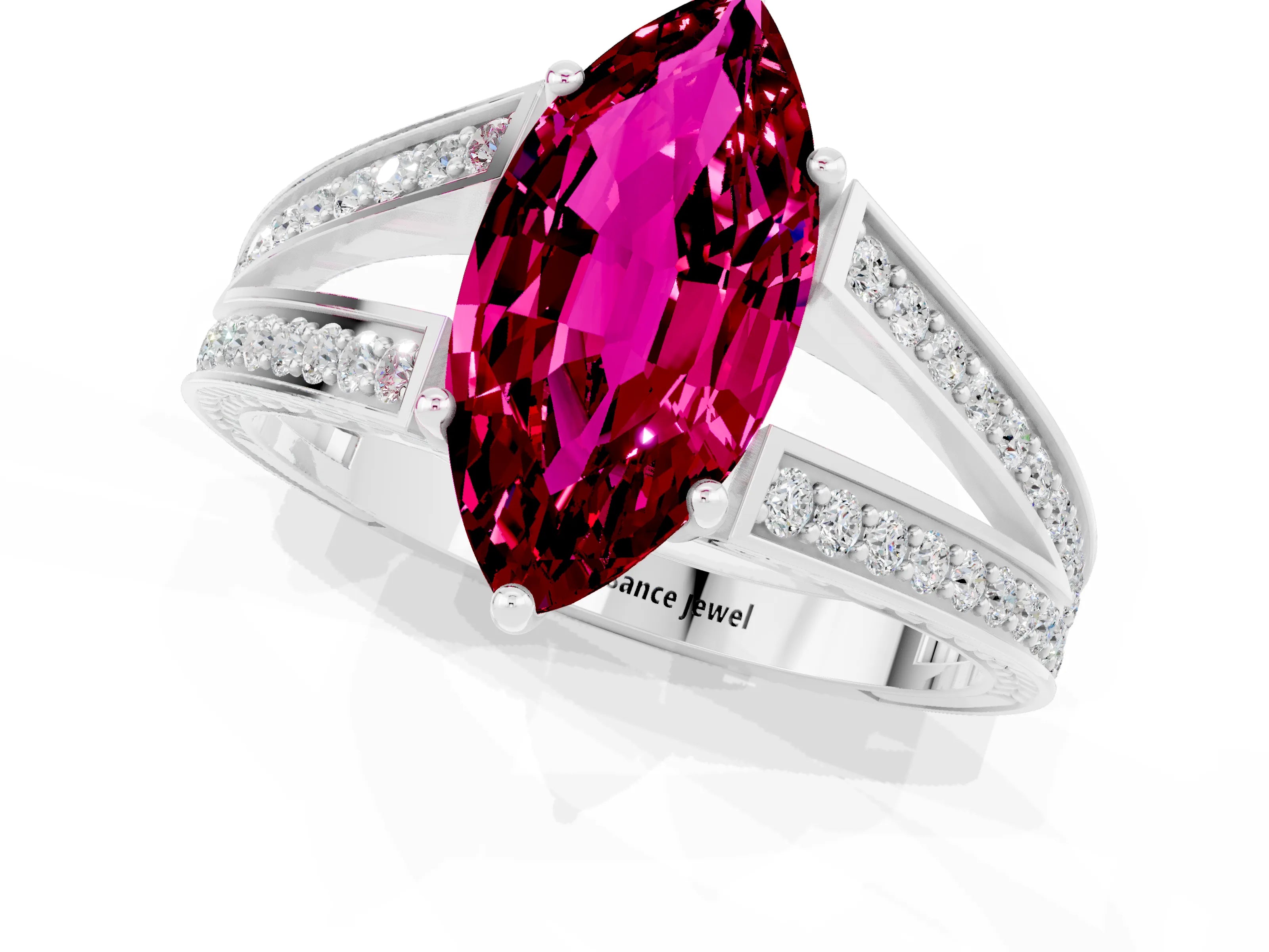 White gold Marquise Cut Garnet Split Shank Ring with Pavé Band and Four-Prong Setting_1