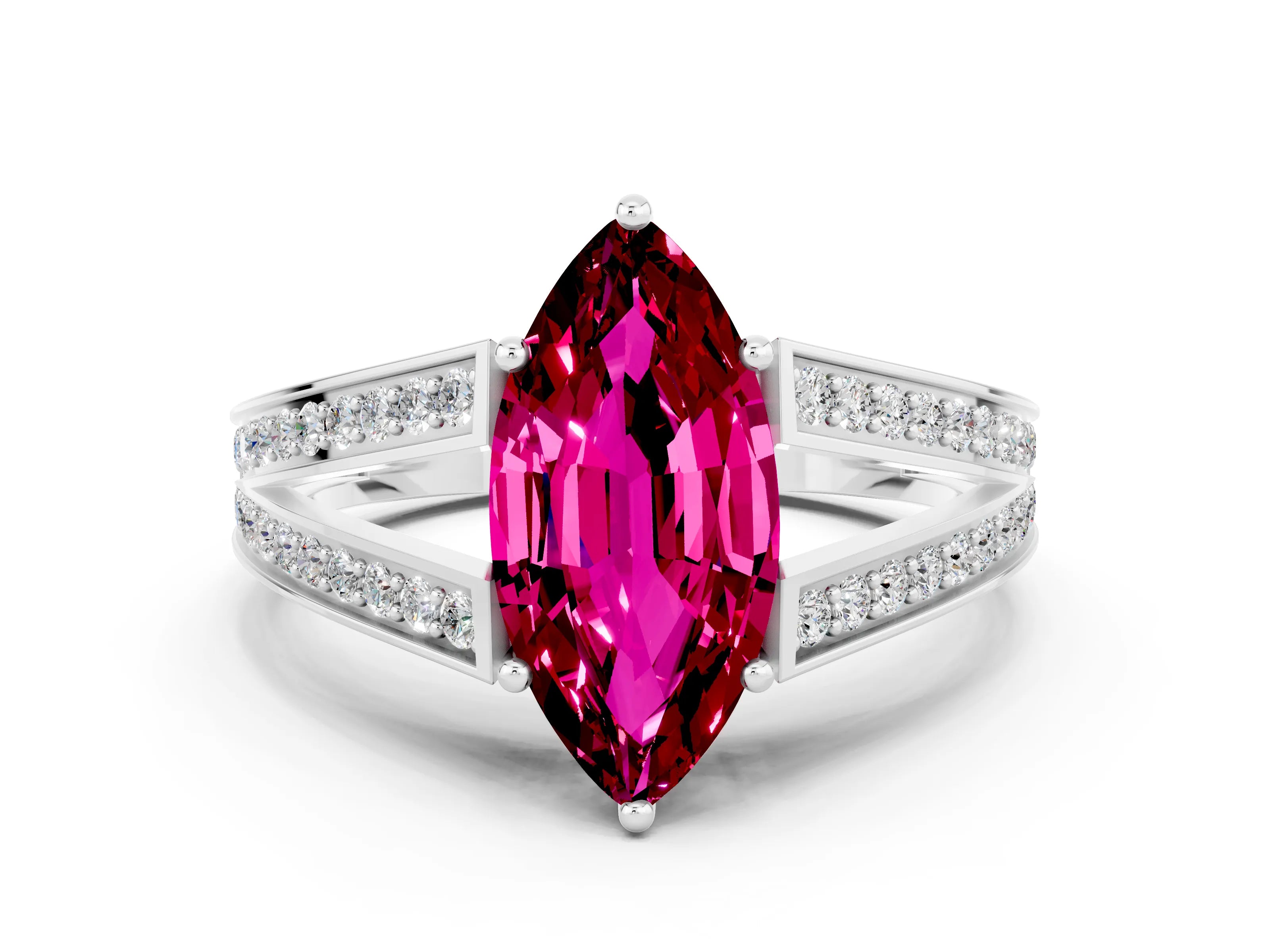 White gold Marquise Cut Garnet Split Shank Ring with Pavé Band and Four-Prong Setting