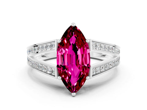 White gold Marquise Cut Garnet Split Shank Ring with Pavé Band and Four-Prong Setting